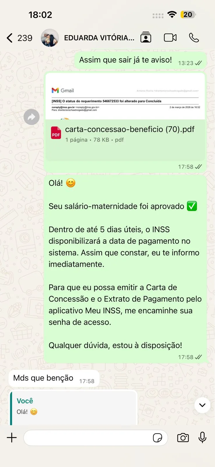 Conversa real de cliente no WhatsApp