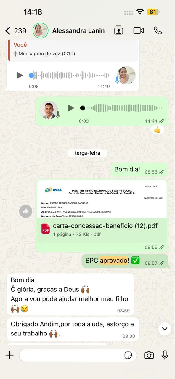 Conversa real de cliente no WhatsApp