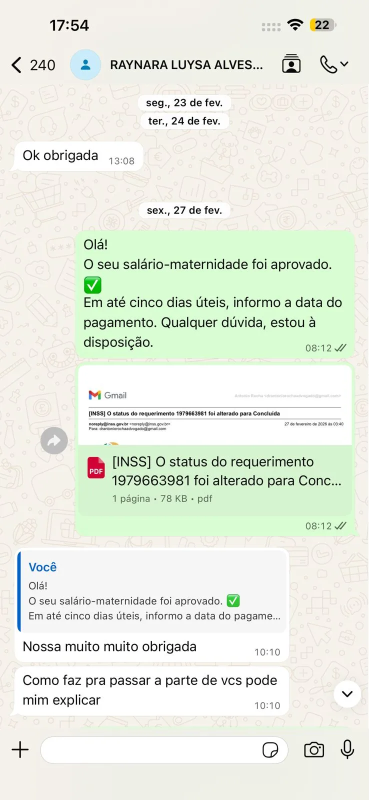 Conversa real de cliente no WhatsApp