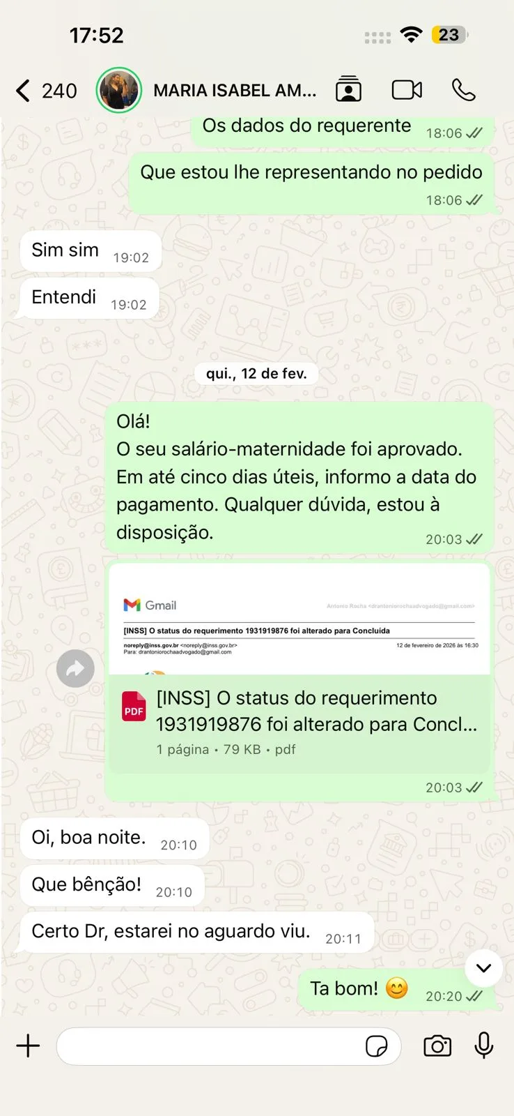 Conversa real de cliente no WhatsApp