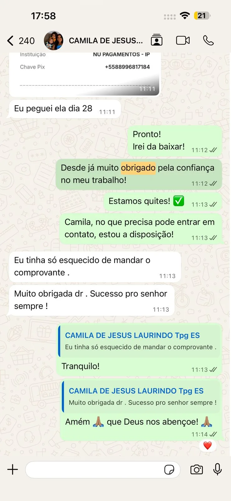 Conversa real de cliente no WhatsApp